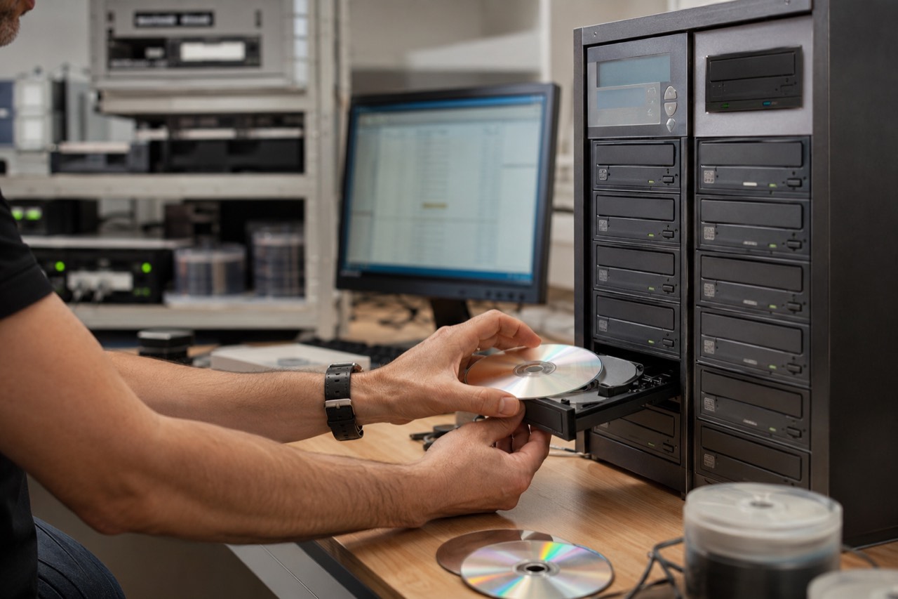 Le laboratoire France Numérisation duplique et sauvegarde vos disques avec un équipement professionnel Poste de sauvegarde de CD et DVD au laboratoire France Numérisation du Haillan