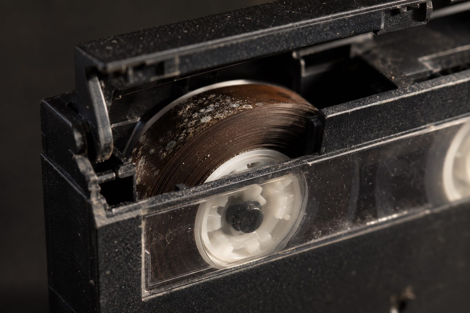 Cassette Hi8 dont la bande est dégradée, vue par la fenêtre du boîtier