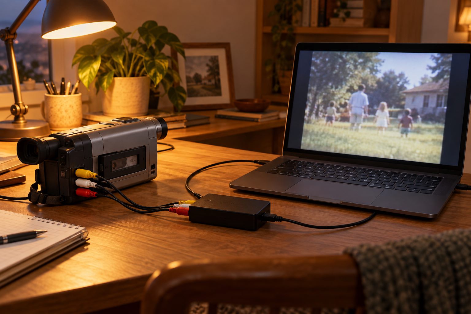 Numérisation d'une cassette Hi8 à la maison : caméscope relié à un boîtier d'acquisition et à un ordinateur