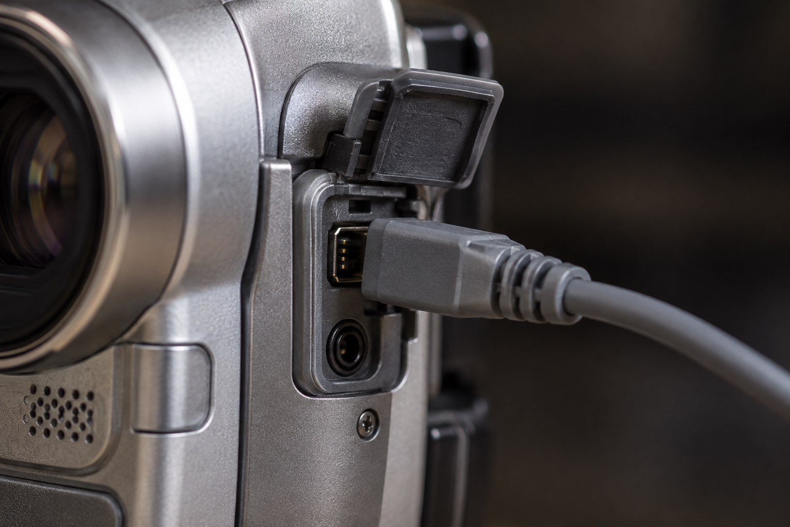 Câble FireWire branché sur la prise DV à quatre broches d'un caméscope Mini DV