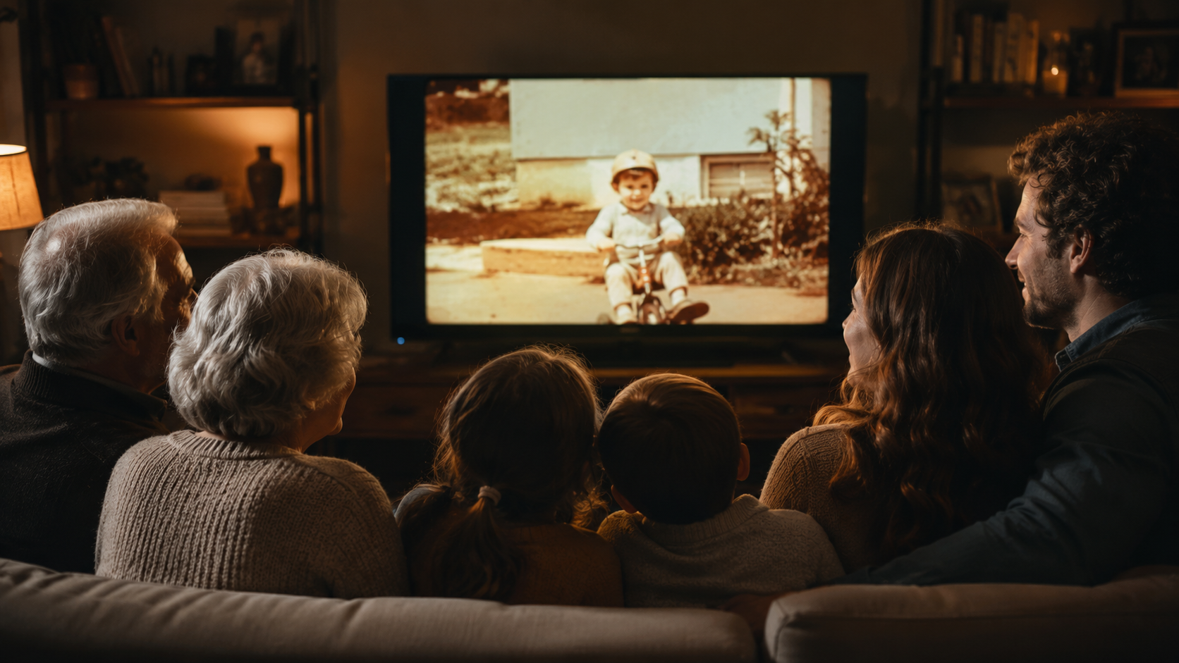 Famille multigénérationnelle regardant ensemble des films Super 8 numérisés sur une télévision moderne, ambiance chaleureuse