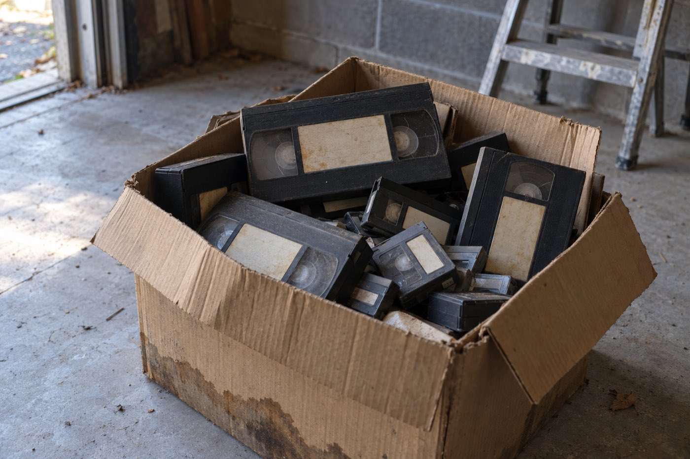 Carton de cassettes vidéo entassées au sol dans un garage poussiéreux